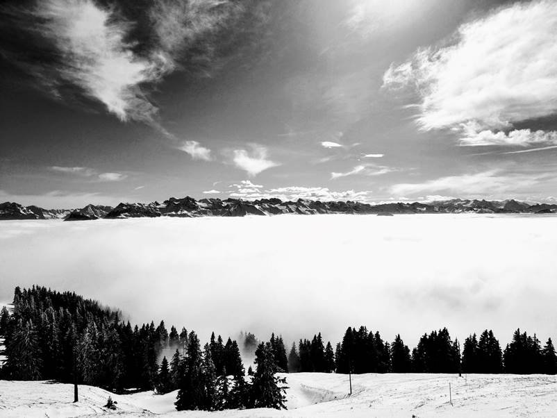 A snowy landscape with trees and clouds